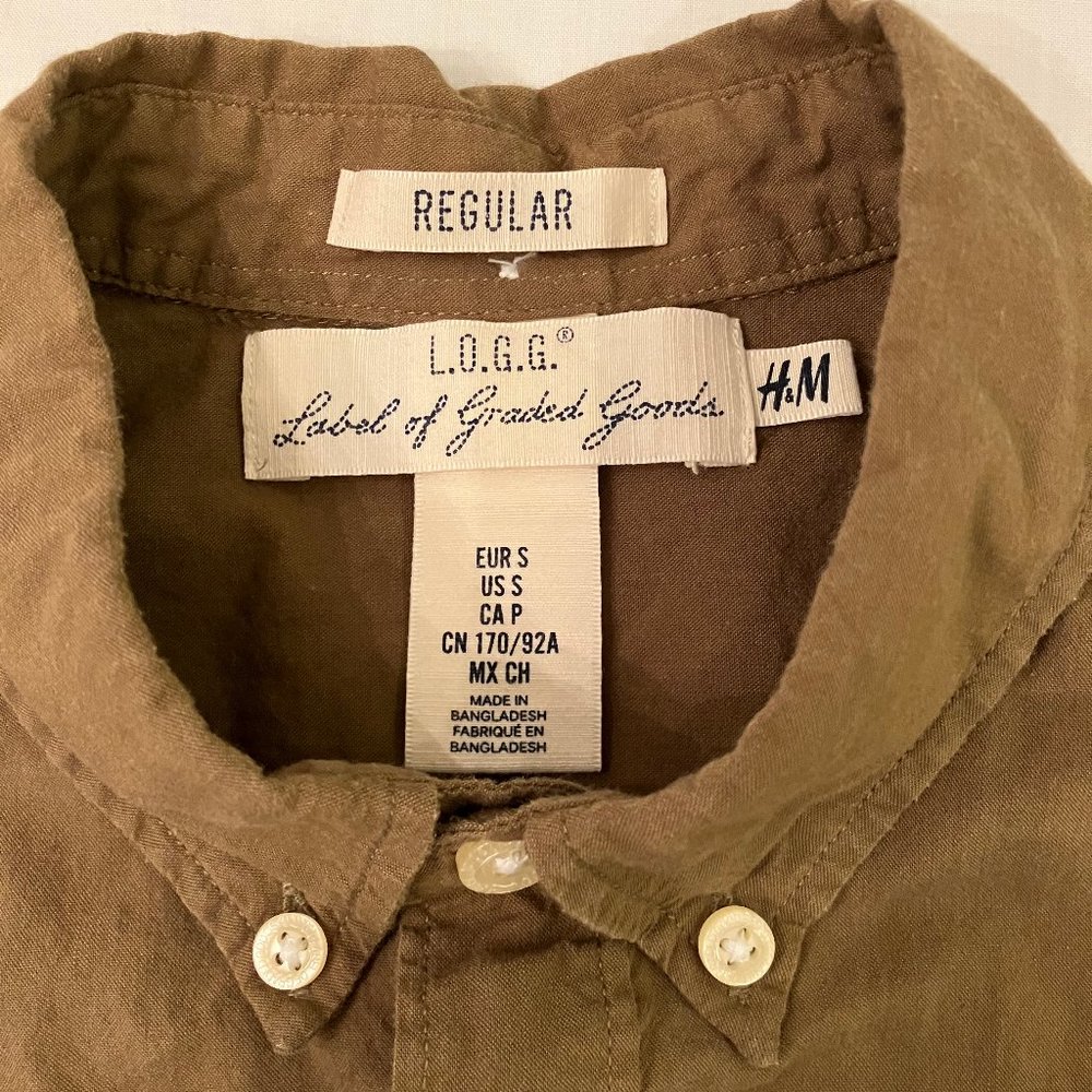 H&M L.O.G.G. Khaki Green Long Sleeve Shirt, Size Small Regular